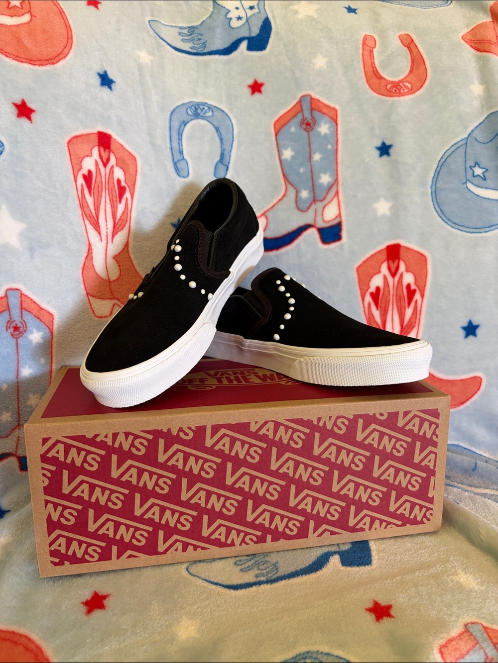 Vans Black Slip-On Sneakers with White Pearl Studs